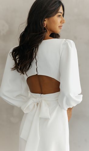 Плаття ошатне міді Matilda з широким рукавом і вирізом на спинці молочне