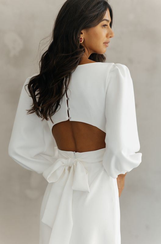 Плаття ошатне міді Matilda з широким рукавом і вирізом на спинці молочне