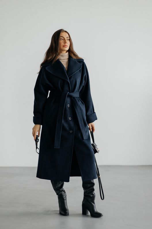 Пальто з турецького кашеміру подовжене зі знімною теплою підкладкою Kimono темно-синє