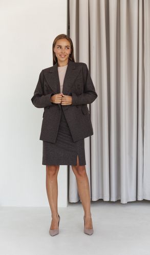 Костюм кашемировый теплый приталенный пиджак и юбка миди коричневый в клетку