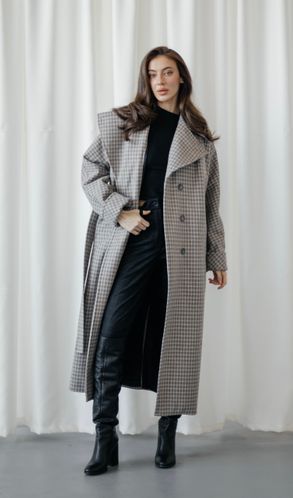 Пальто з турецького кашеміру подовжене зі знімною теплою підкладкою Kimono сіра клітинка