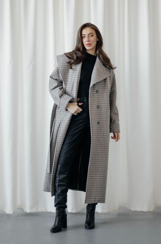 Пальто з турецького кашеміру подовжене зі знімною теплою підкладкою Kimono сіра клітинка