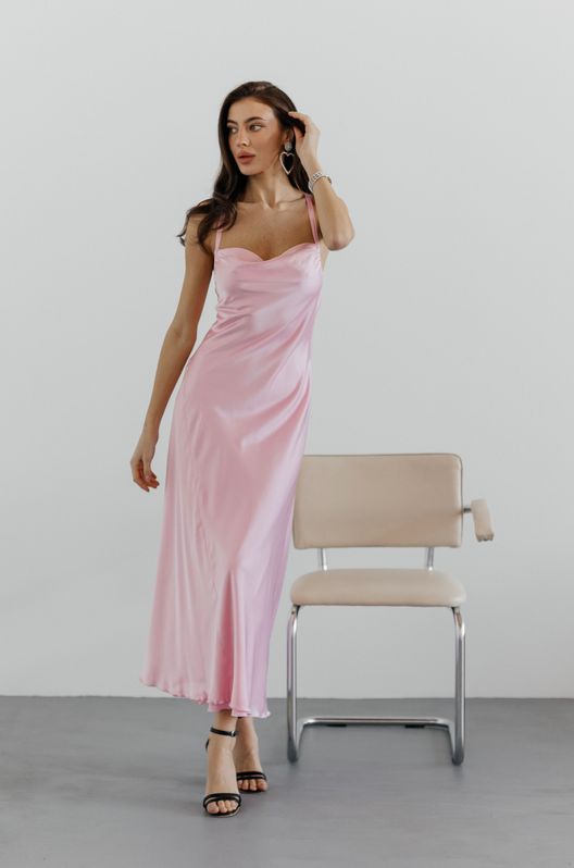 Платье-комбинация шелковое Luna со шнуровкой миди розовое