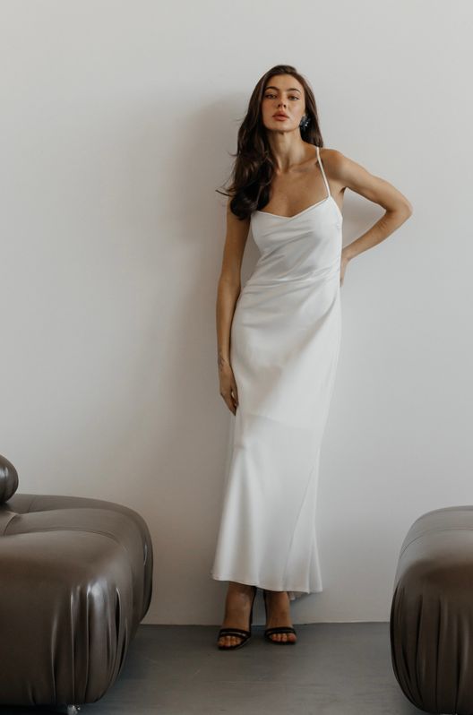 Платье комбинация макси Ariel из шелка-сатина со шнуровкой на спинке белое