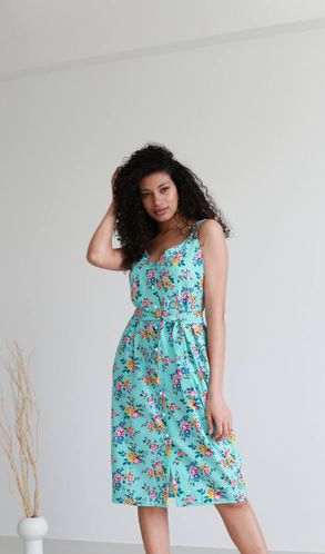 Сарафан льняной цветочный принт Одуванчик с жемчужными пуговицами мятный