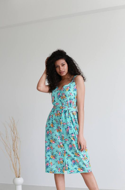 Сарафан льняной цветочный принт Одуванчик с жемчужными пуговицами мятный