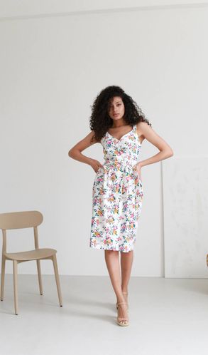 Сарафан льняной цветочный принт Одуванчик с жемчужными пуговицами белый