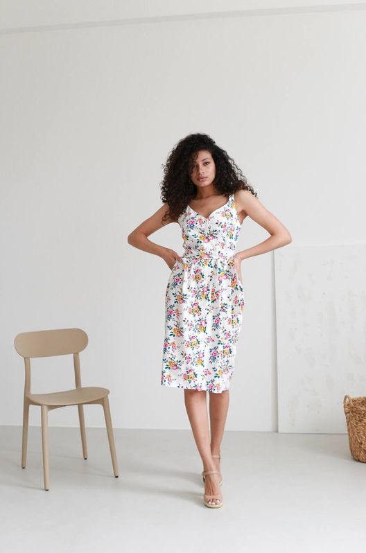 Сарафан льняной цветочный принт Одуванчик с жемчужными пуговицами белый