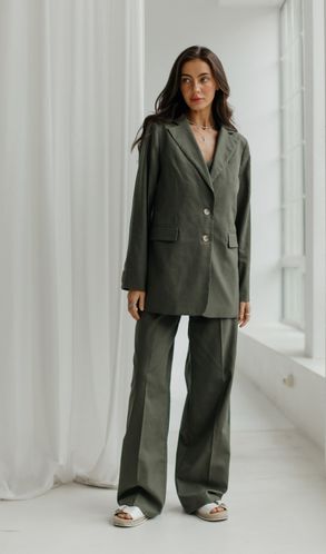 Костюм льняной Марокко прямой жакет и брюки-палаццо с корсажной лентой Хаки