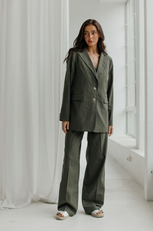 Костюм льняной Марокко прямой жакет и брюки-палаццо с корсажной лентой Хаки