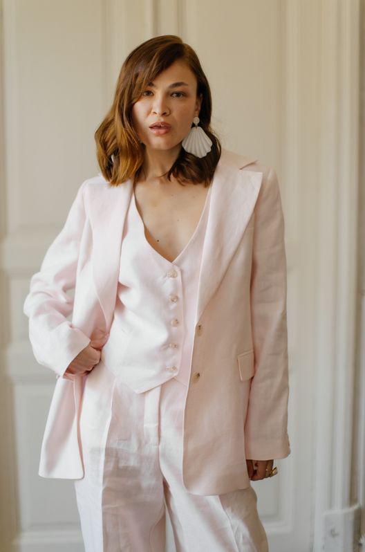 Костюм Трійка лляний MOROCCO жакет жилет та штани-палаццо  Пудровий