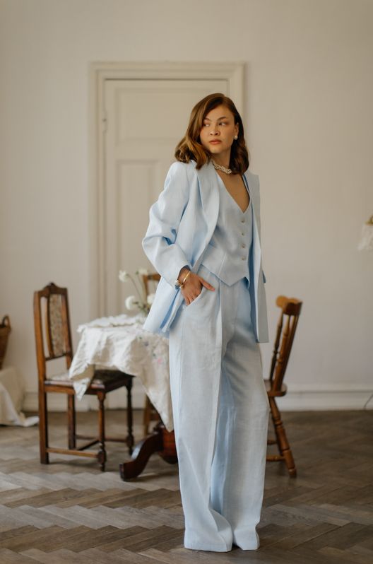 Костюм Трійка лляний MOROCCO жакет жилет та штани-палаццо  Небесний