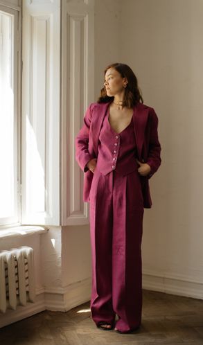 Костюм Трійка лляний MOROCCO жакет жилет та штани-палаццо  Вишневий
