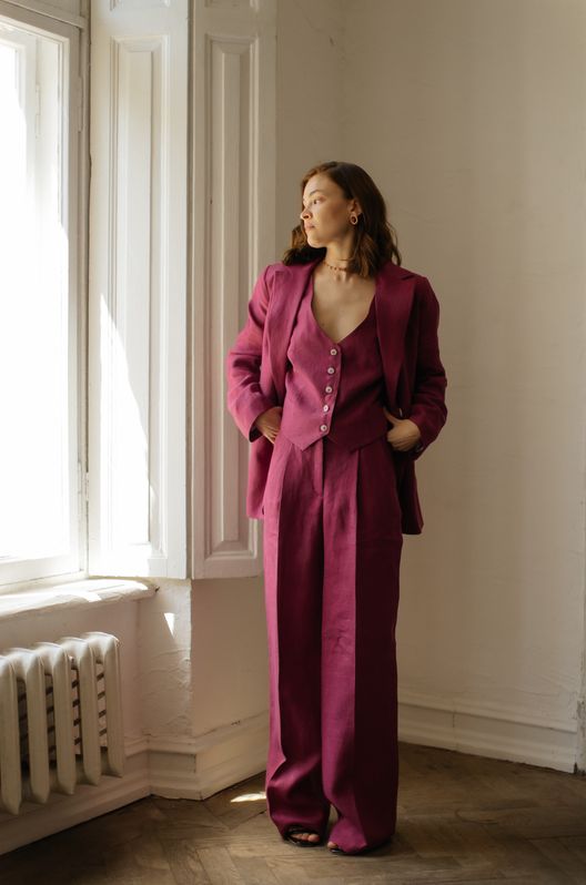 Костюм Трійка лляний MOROCCO жакет жилет та штани-палаццо  Вишневий