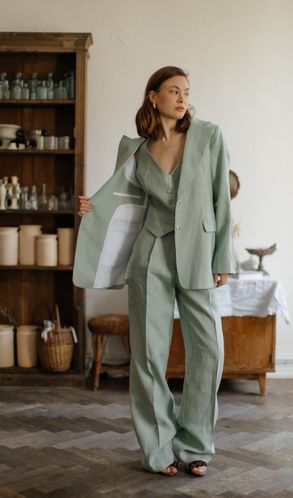 Костюм Трійка лляний MOROCCO жакет жилет та штани-палаццо Оливковий