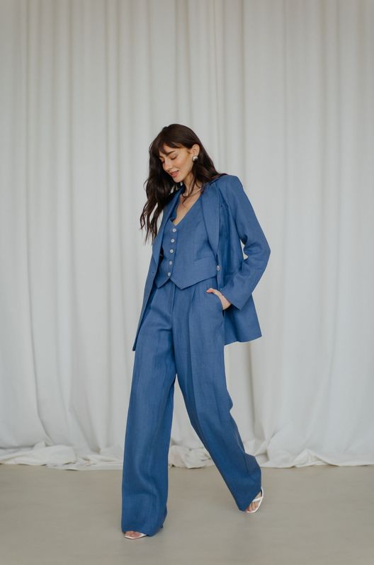 Костюм Трійка лляний MOROCCO жакет жилет та штани-палаццо Синій Джинс