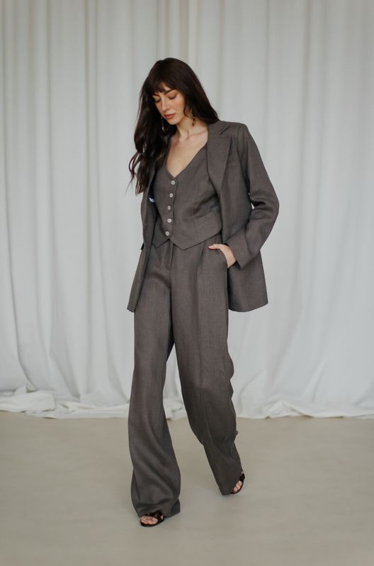 Костюм Трійка лляний MOROCCO жакет жилет та штани-палаццо Коричневий