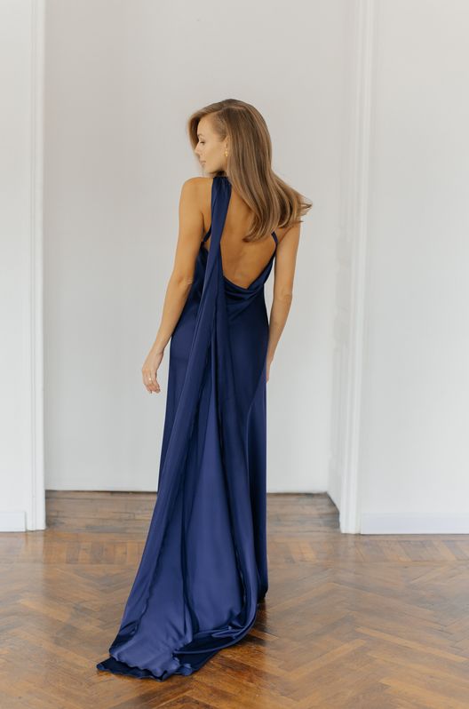 Шелковое платье KRISTEN с открытой спиной и шлейфом Темно-синий