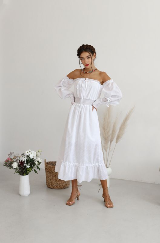 Платье из батиста Венеция со спущенными рукавами белое