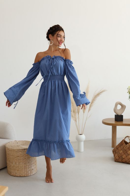 Платье из батиста Венеция со спущенными рукавами Синее